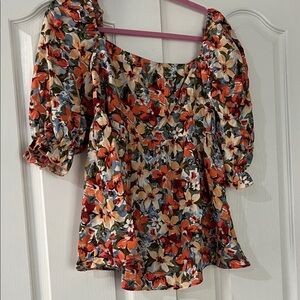 Maternity Floral Puff-Sleeve Peplum Top in Multi-Color